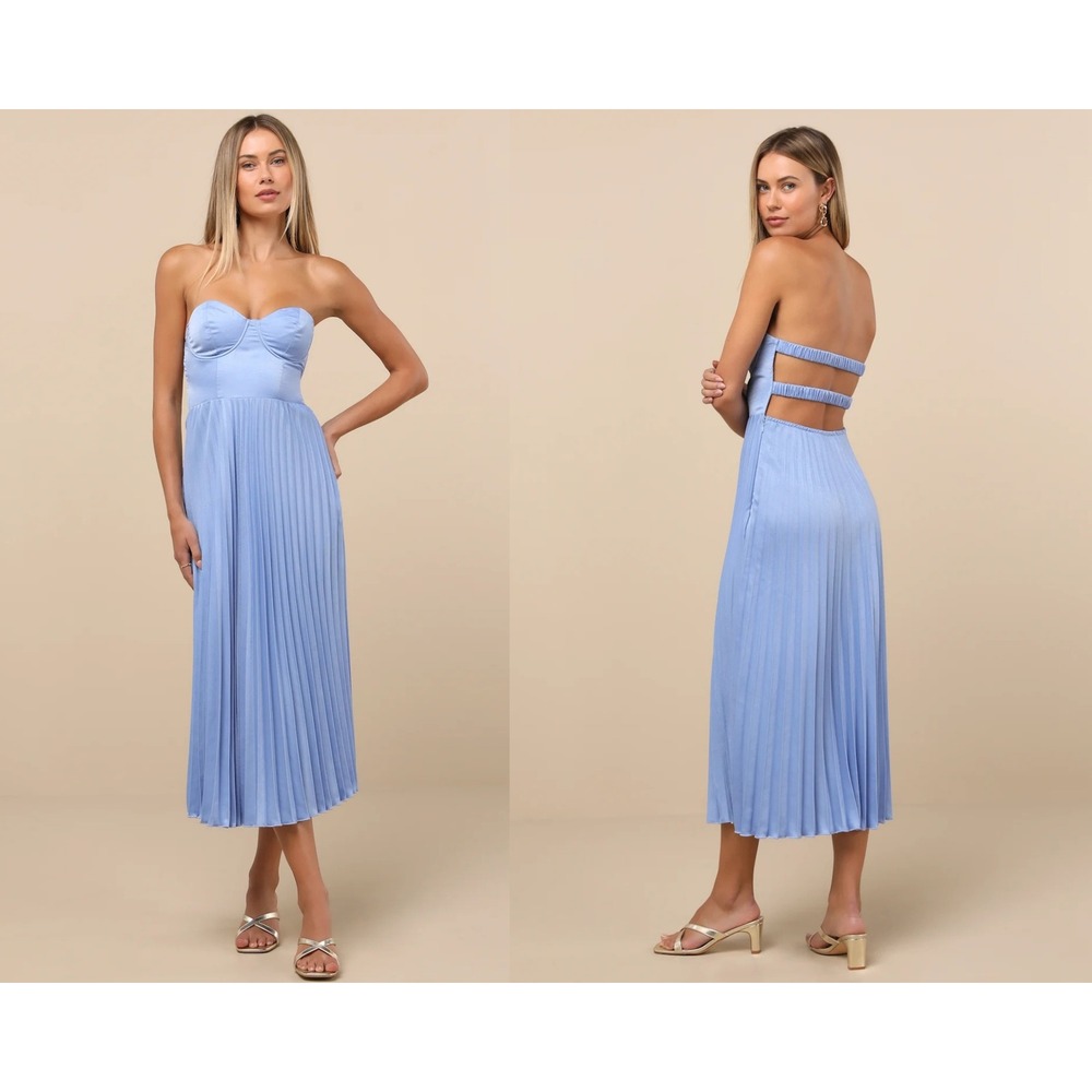 Lulus Irelyn Dusty Blue Satin Bustier Midi Dress Size Medium